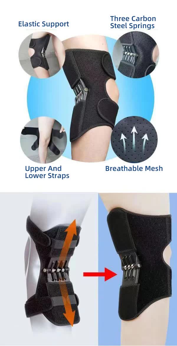 Pair Black Adjustable Knee Brace Support with Spring Booster