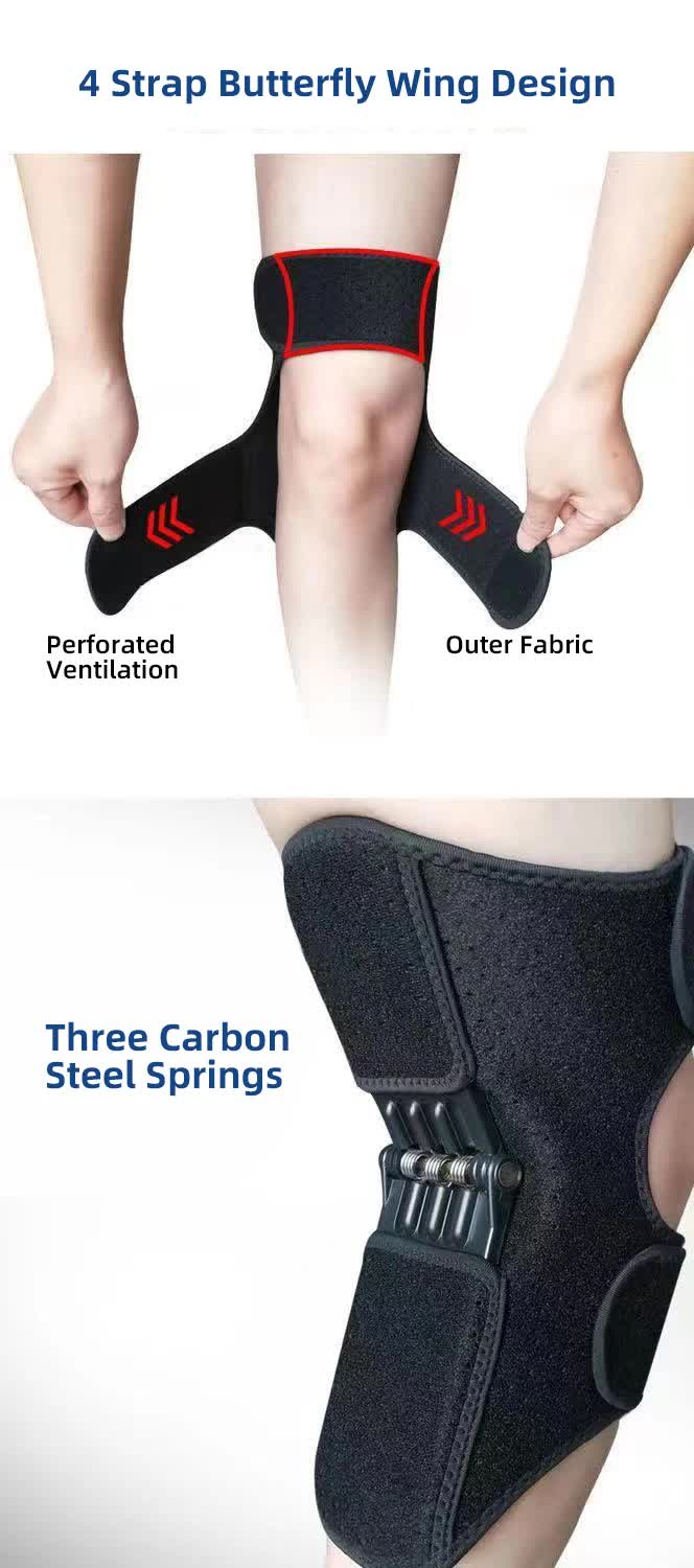 Pair Black Adjustable Knee Brace Support with Spring Booster